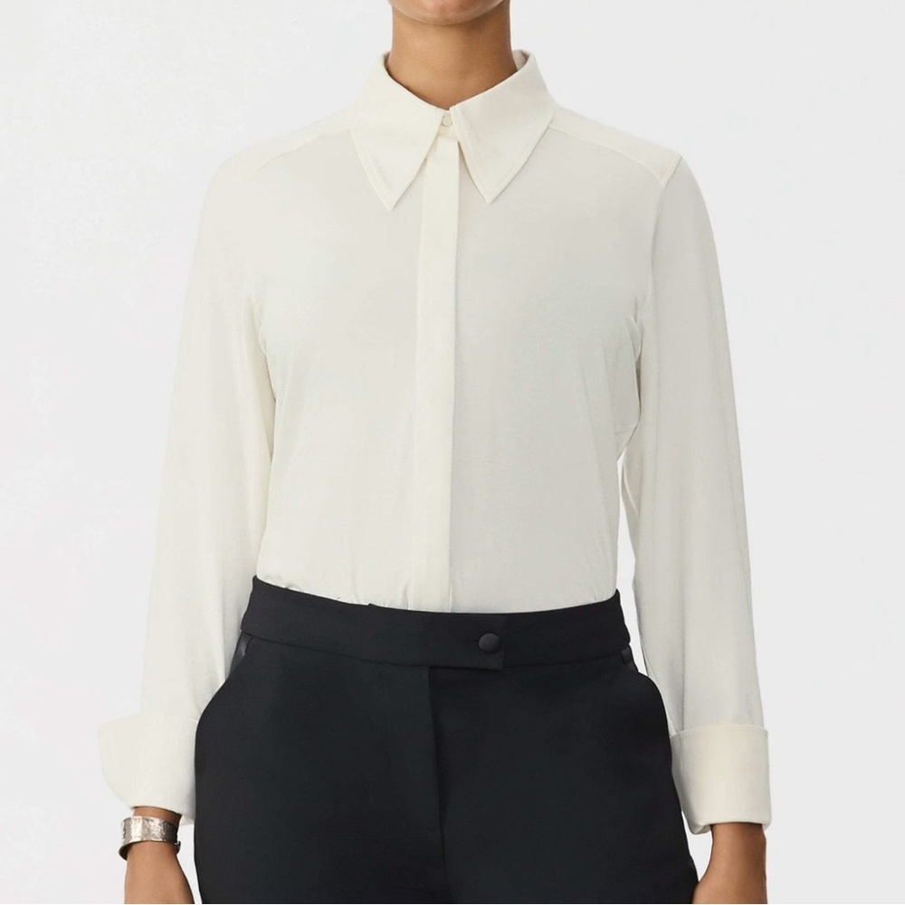 GSTQ Cream Collared Full Zip-Up Lyocell Long Sleeve Blouse Dress‎ Shirt Size XS